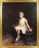 Untitled by A Gladys Nelson Smith, oil on canvas portrait of a young girl wearing a yellow dress with a blue bow, sold May 2026