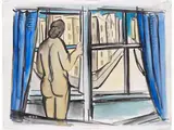 Frauenakt in Rückenansicht vor Fenster mit Blauen Vorhängen by Johann Georg Müller, watercolor, offered Mar 2025