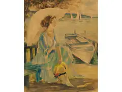 Mit Sonnenschirm am see by Edward Cucuel, watercolor, sold Dec 2021