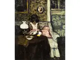 Interieur mit Nähendem Mädchen by Julius Hess, oil on canvas, offered Dec 2025