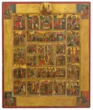 Russisch, 19.Jh by Grosse Festtagsikone mit Passionszyklus, tempera, offered Dec 2019