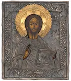Russisch, 2.Hälfte 19.Jh by Christus Pantokrator mit Silberoklad, tempera, sold Dec 2019