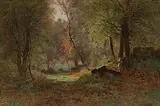 Reisigsammlerin in spätsommerlicher Waldlandschaft mit kleinem Fluss by Gustave Castan, oil on canvas, sold Dec 2019