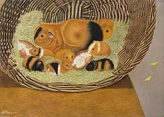 Meerschweinchen in einer Zaine", 1955 by Adolf Dietrich, oil on board, sold Dec 2019