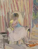 Sitzende Frau, nähend, um 1948 by Hans Falk, oil on canvas, offered Dec 2019