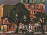 Pferde im Schatten von Bäumen in einer Stadt, 1947 by Carl Walter Liner, oil on board, offered Dec 2019