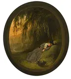 Blick durch einen oval gemauerten Wanddurchbruch auf eine am Ufer eines Sees schlafende, junge Frau by Heinrich Freudweiler, oil on panel, offered Dec 2019