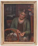 Junge Frau am Spinnrad", 1942 by Hermann Huber, oil, offered Dec 2019