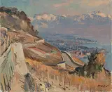 Blick vom Lavaux gegen Vevey und den See, um 1955 by Walter Mafli, oil on canvas, sold Dec 2019