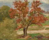 Roter Baum mit Grossmünster im Hintergrund", 1899 by Sigismund Righini, oil on canvas, sold Dec 2019