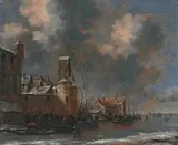 Winterliche Flusslandschaft mit Städtchen by Thomas Heeremans, oil on panel, sold Sep 2019