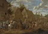 In ein Dorf ziehen Reitertruppen ein by Lambert de I Hondt, oil on canvas, offered Sep 2019