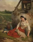 Rastende Hirtin vor einem Brunnen by Jean Alphonse Roehn, 1840, oil on canvas, offered Sep 2019
