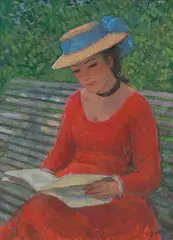 Elizabeth-Anne, lecture sur le banc du jardin by François Gall, oil on canvas, sold Sep 2019