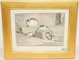 Katzenmutter mit ihren drei spielenden Jungen, vor dem Haus by Gottfried Mind, watercolor, sold Sep 2019