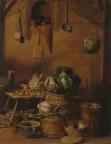 Interieur mit Hausrat by Holland, 18.Jh., oil on panel, sold Sep 2019