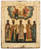 Russisch, um 1800 by Synaxis der Heiligen Hierarchen, tempera, sold Sep 2019