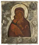 Russisch, Ende 18.Jh by Gottesmutter von Wladimir mit vergoldeter Silberbasma, tempera, sold Sep 2019