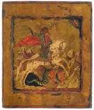 Russisch, in der Art des 18.Jhs., in alte Holztafel eingelassen by Hl. Georg, tempera, sold Sep 2019