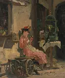 Eine junge Frau versucht einem ihrer Singvögel ein Kunststück beizubringen by Simon Durand, oil on canvas, sold Sep 2019