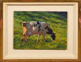 Cow in a Field by Carol Peek, oil on board, sold May 2023