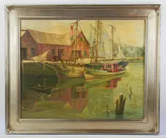 Rockport Harbor by Edwin J. Bruns, oil on board, sold Jan 2026