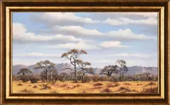 Bushveld Trees by Nico Coetzee, oil on canvas mounted on board, sold Mar 2025