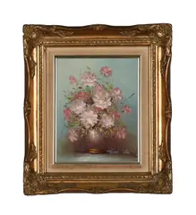 Still Life with Pink Flowers by Robert Cox, oil on canvas mounted on board, sold Mar 2025