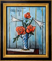 Roses Rouges et Lys" [Red Roses and Lilies] by Bernard Buffet, 1996, Oil on Canvas, sold Oct 2024