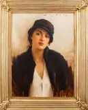 Woman in Feather Hat by Jeremy Lipking, Oil on Canvas, sold Oct 2024