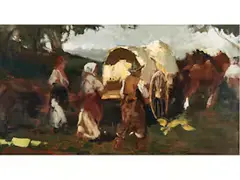 Bauern vor Einem Planwagen-gespann by Alessio Issupoff, oil, offered Jun 2026