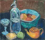 Stillleben mit Früchteschale, Sodaflasche und Teekrug, 1949 by Carl Walter Liner, oil on board, sold Sep 2019