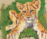 Liegendes Löwenjunges by Fritz Hug, oil on canvas, sold Sep 2019