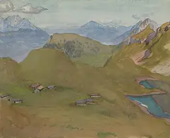 Blick auf Pilatus, Rigi, Stanserhorn vom Brienzer Rothorn aus by Ernst Kreidolf, watercolor, offered Sep 2019