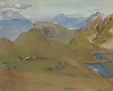 Blick auf Pilatus, Rigi, Stanserhorn vom Brienzer Rothorn aus by Ernst Kreidolf, watercolor, offered Sep 2019