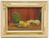 Stillleben mit Äpfeln, Tonkrug und Buch by Hans Gartmeier, oil on canvas, offered Sep 2019
