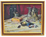 Stillleben mit Likörflaschen, Weinkaraffe, Kaffeekrug und Raucherwaren, 1911 by Alfred Marxer, oil on canvas, sold Sep 2019