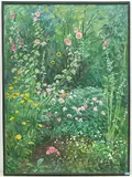 Sommerlicher Garten mit Stockrosen, Schafgarben und Sonnenblumen, 1984 by Walter Sautter, oil on canvas, sold Sep 2019