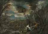 Ein Faun und eine Satyrin spielen Musik in der Nähe eines klassischen Grabmals inmitten einer Waldlandschaft, mit einer Herme in der Ferne by Magnasco, Alessandro, genannt il Lissandrino, oil on canvas, sold Jun 2019