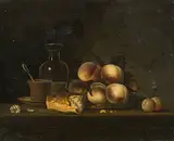 Umkreis Stilleben mit Pfirsichen, Brot, Tasse und Glaskaraffe by Henri-Horace Roland Delaporte, oil on canvas, offered Jun 2019