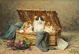 Drei Katzen im Korb by Léon Huber, oil on canvas, sold Jun 2019