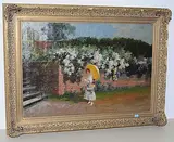 Junge Frau mit Blumenkorb und gelbem Schirm by Antal Neogrády, oil on canvas, sold Jun 2019
