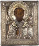 Russisch, Mitte 19.Jh by Hl. Nikolaus mit vergoldetem Silberoklad, tempera, sold Jun 2019