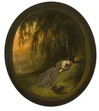 Blick durch einen oval gemauerten Wanddurchbruch auf eine am Ufer eines Sees schlafende, junge Frau by Heinrich Freudweiler, oil on panel, offered Jun 2019