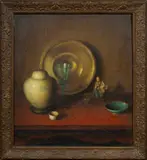 Still Life with Asian Ceramics by Leslie Helen Buck, oil on masonite, sold May 2023