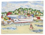 Gloucester Harbor scene by Maxwell Swartz, oil on board, sold Feb 2026