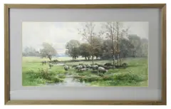 pastoral view of grazing sheep by Carl Weber, watercolor gouache, sold Mar 2026