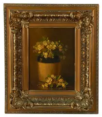 still life of white blossoms in a crock by John Clinton Spencer, oil on canvas, sold Mar 2026