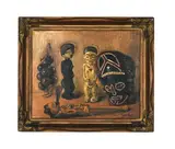 Still Life with African Artefacts by Walter Frank, oil on board, sold Mar 2025