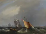 Shipping in a swell; Fishing on a calm seaOil on canvas, a pairEach 28 x 38cm (11 x 14¾ in.) (2)Condition Report: Neither canvas has been lined by Frederick Calvert, oil, sold Dec 2021
